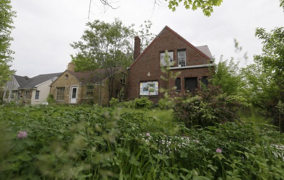 Grass and weeds grow in front of two vacant homes in Detroit. (AP Photo/Carlos Osorio)
