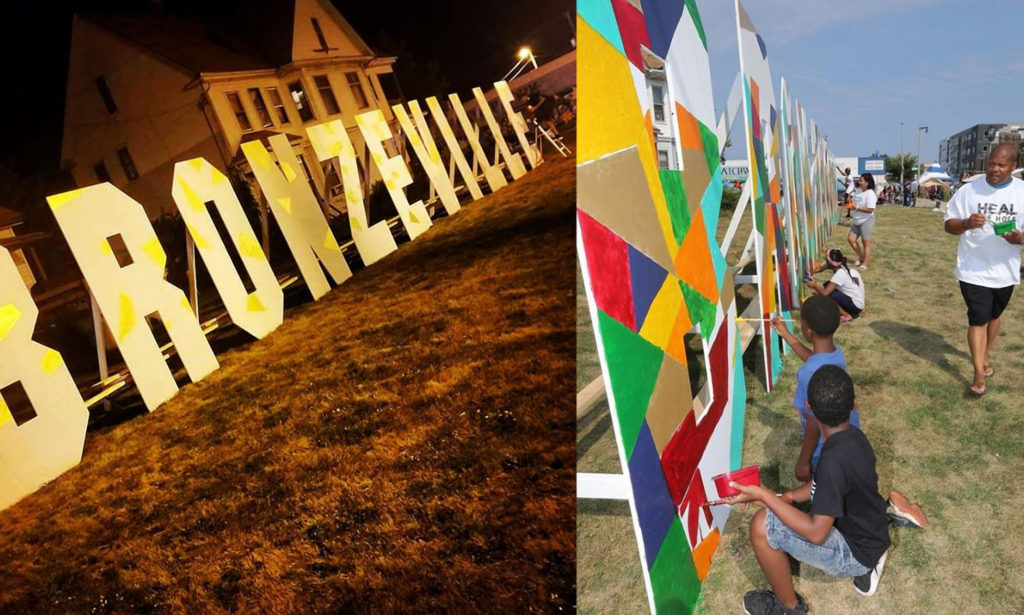 Two side-by-side images. Left: a glowing sign that says Bronzeville. Right: a row of children painting outside.