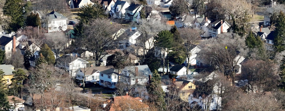 An aerial photo of a suburb in Rochester, New York