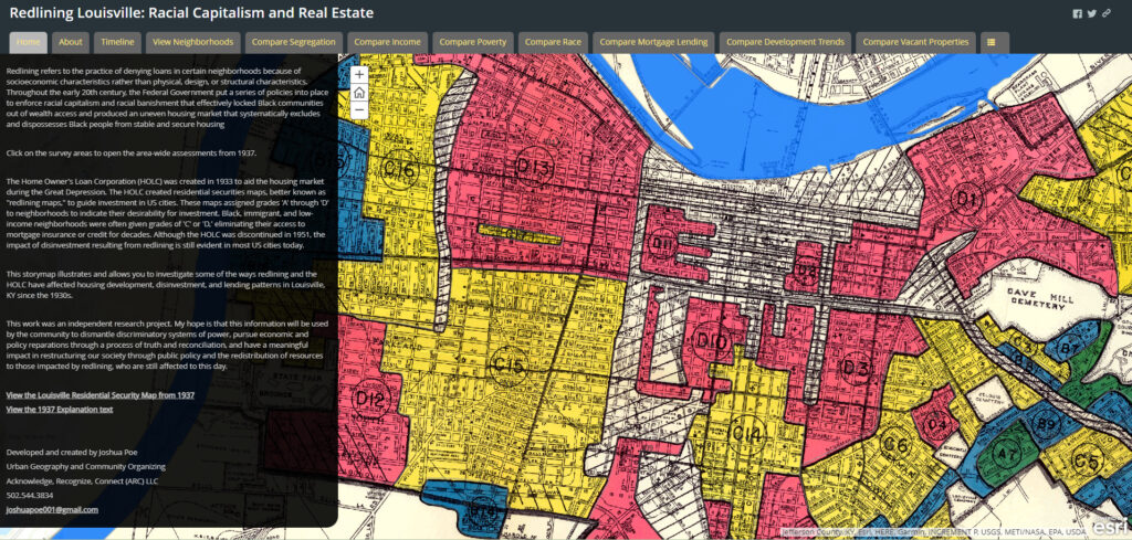 Screenshot of an ArcGIS map of Louisville redlining