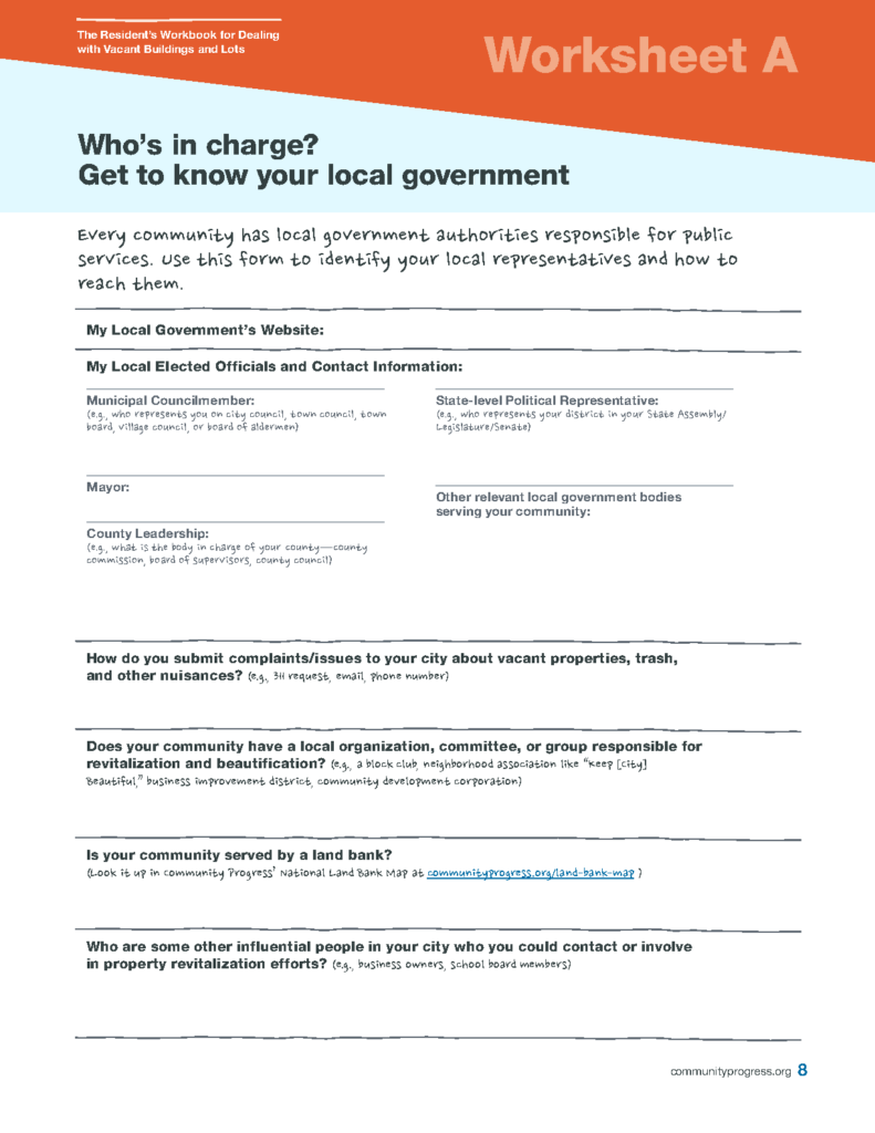 Worksheet to get to know your local government from the Resident's Workbook