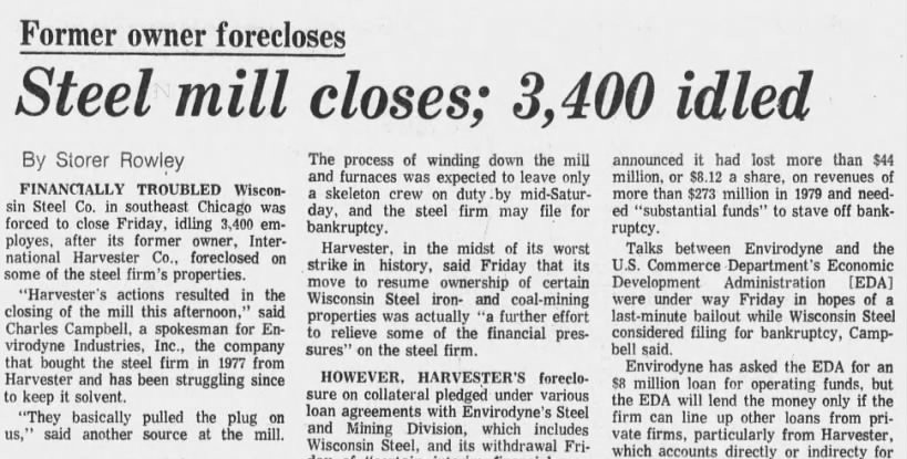 Newspaper clipping from the Chicago Tribune, March 29, 1980, headlined 'Steel mill closes; 3,400 idled,' by Storer Rowley. The article reports that financially troubled Wisconsin Steel Co. in southeast Chicago was forced to close, idling 3,400 employees, after its former owner International Harvester Co. foreclosed on some of the steel firm's properties. 