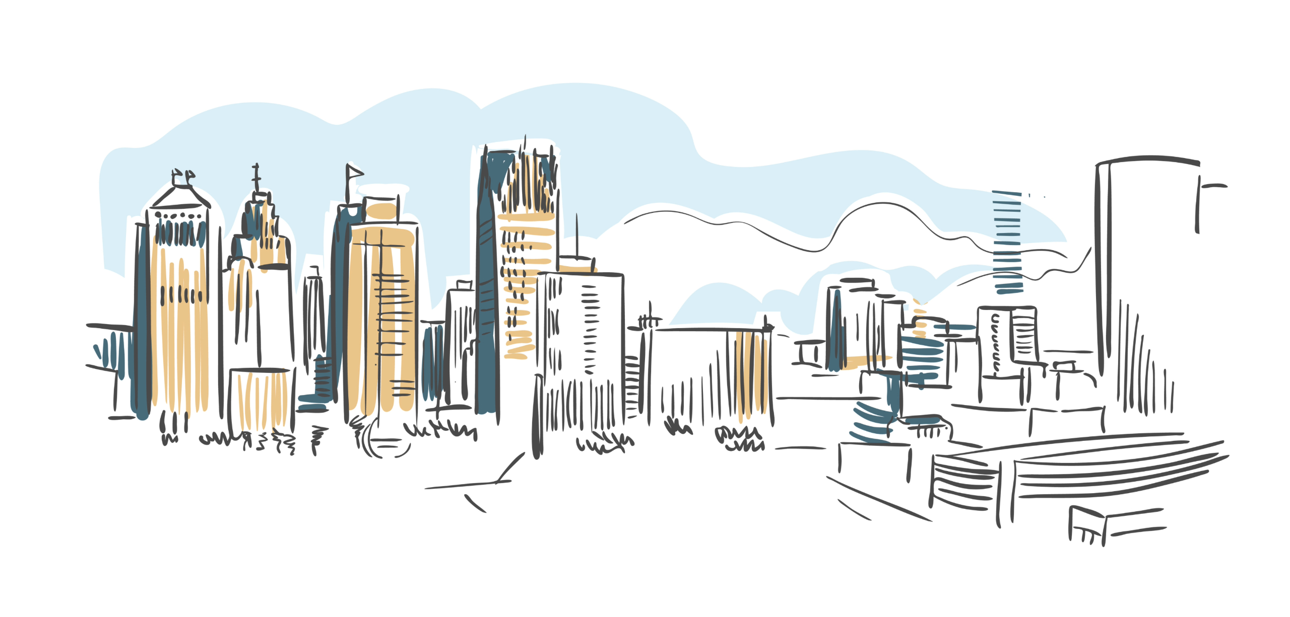 a sketched watercolor style illustration of the detroit skyline
