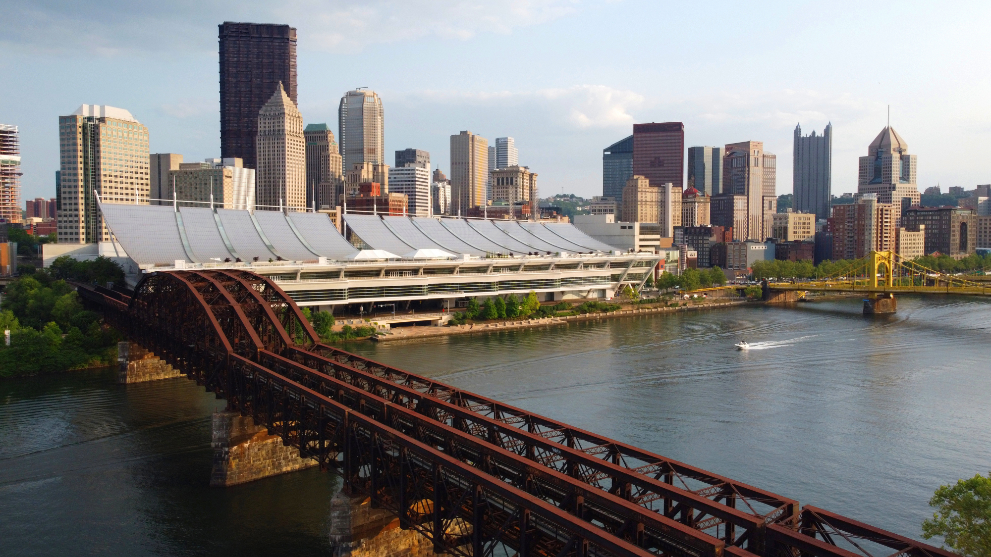 View across the river looking at the David L. Lawrence Convention Center in Pittsburgh
