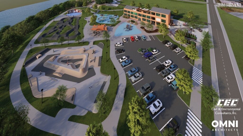 Rendering of Momentum Adventure Park. An overview of a parking lot and recreational facility with a visible skate park.