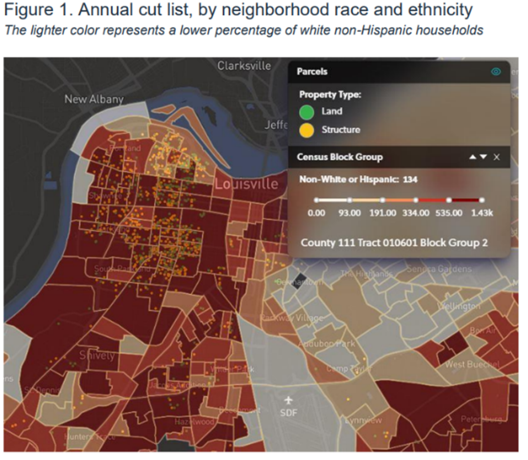 A map from the final Louisville report by Community Progress, indicating the annual cut list by neighborhood race and ethnicity.