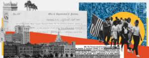 Historical collage depicting racial inequality in the American South, featuring: a Freedmen's Bureau land grant document dated April 1, 1865 referencing Major General Sherman's Order No. 15 ("40 acres"); a Black-and-white cityscape of a Southern city; an aerial map overlay; a group of Black civil rights marchers carrying an American flag; and an excerpt from a federal Home Owners' Loan Corporation underwriting manual (section 233) describing racially discriminatory redlining criteria requiring neighborhoods to remain occupied by the "same social and racial classes."