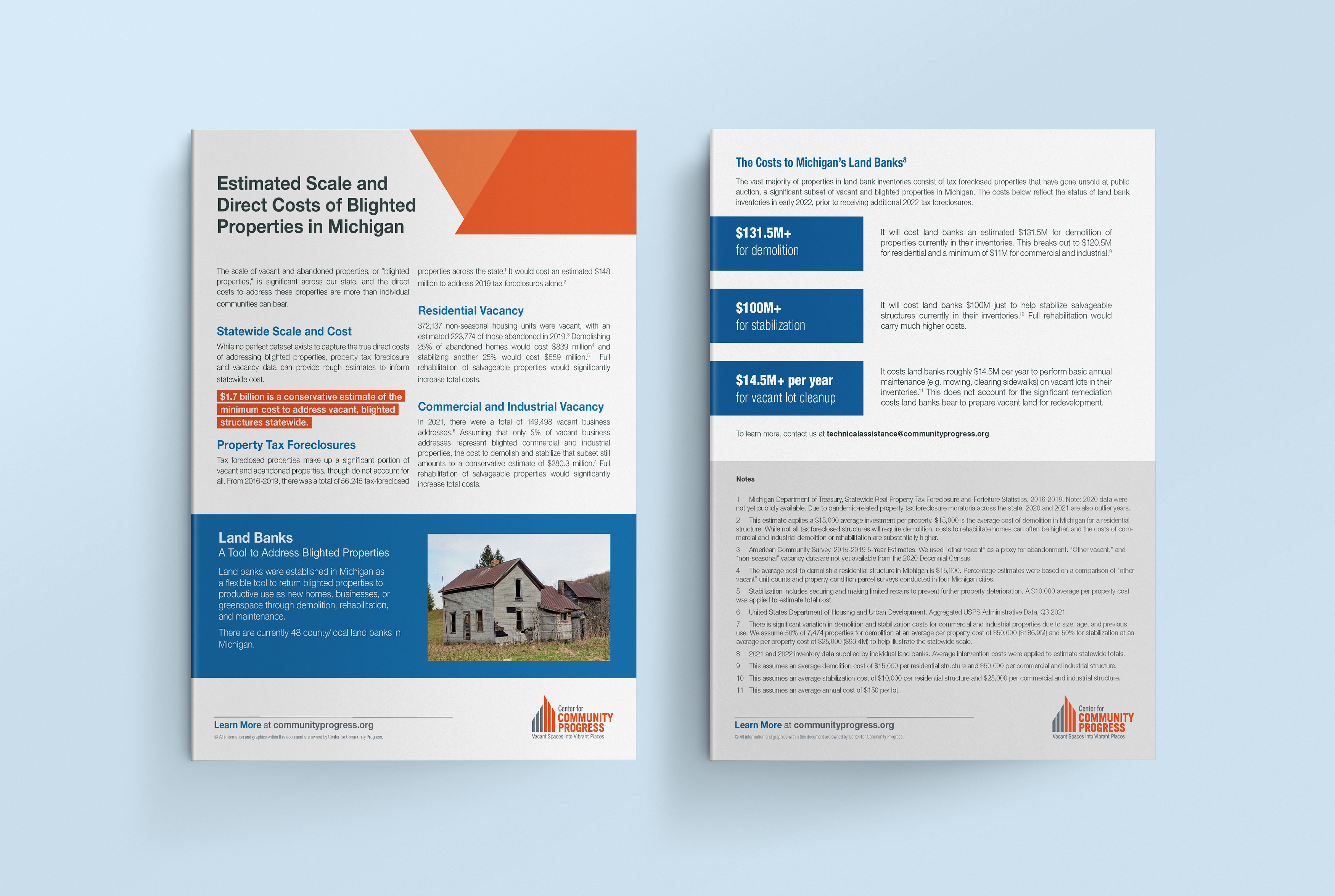 A two-page policy brief from the Center for Community Progress titled "Estimated Scale and Direct Costs of Blighted Properties in Michigan," shown as a formatted document mockup against a light blue background. The left page covers statewide scale and cost, noting that $1.7 billion is a conservative estimate of the minimum cost to address vacant and blighted structures statewide, highlighted in orange. It includes sections on property tax foreclosures, residential vacancy (372,137 non-seasonal vacant housing units in 2019), and commercial and industrial vacancy (149,498 vacant business addresses in 2021), along with a blue-highlighted section on land banks describing Michigan's 48 county and local land banks as a tool for returning blighted properties to productive use. The right page details costs to Michigan's land banks, presenting three key figures in bold blue panels: $131.5M or more for demolition of properties in land bank inventories; $100M or more for stabilization of salvageable structures; and $14.5M or more per year for basic annual maintenance of vacant lots. A notes section with eleven numbered citations appears at the bottom. Both pages include the Center for Community Progress logo and a reference to communityprogress.org.