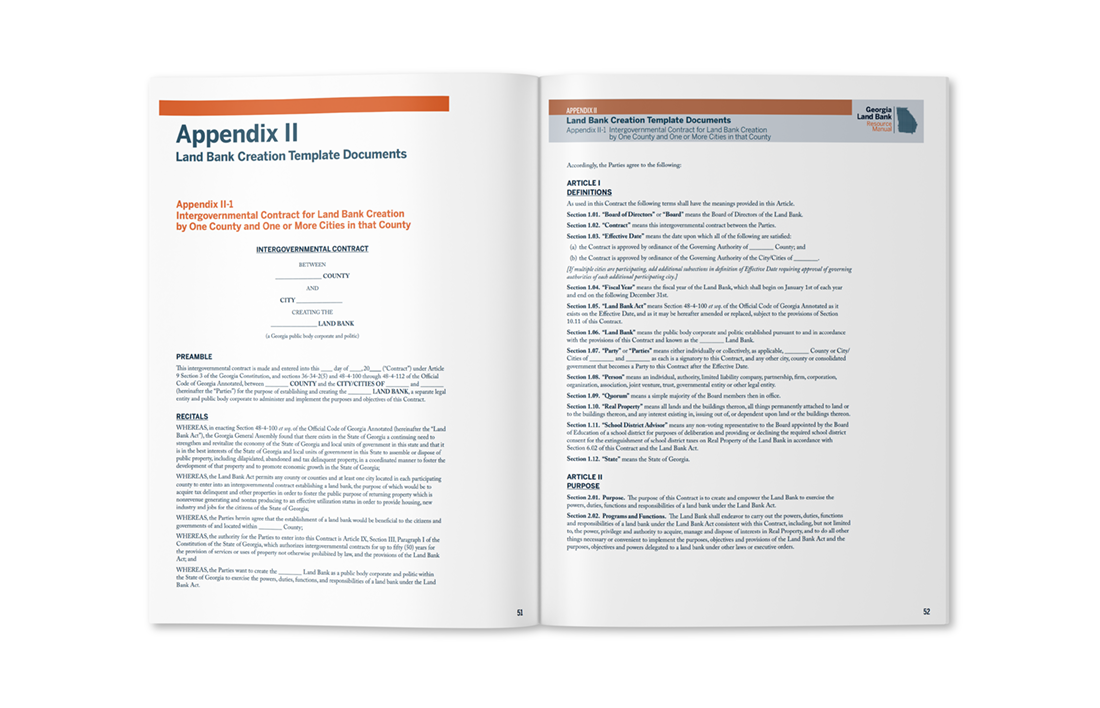 A page spread from the Georgia Land Bank Resource Manual, showing Appendix 2: Land Bank Creation Document templates