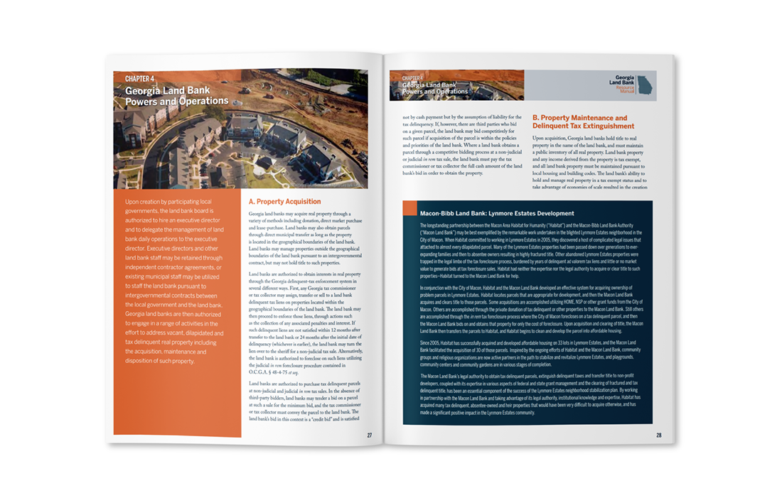 A spread showing two pages of the Georgia Land Bank Resource Manual. The left page says Chapter 4: Georgia Land Bank Powers and Operations. The pages contain case studies and explanatory text.
