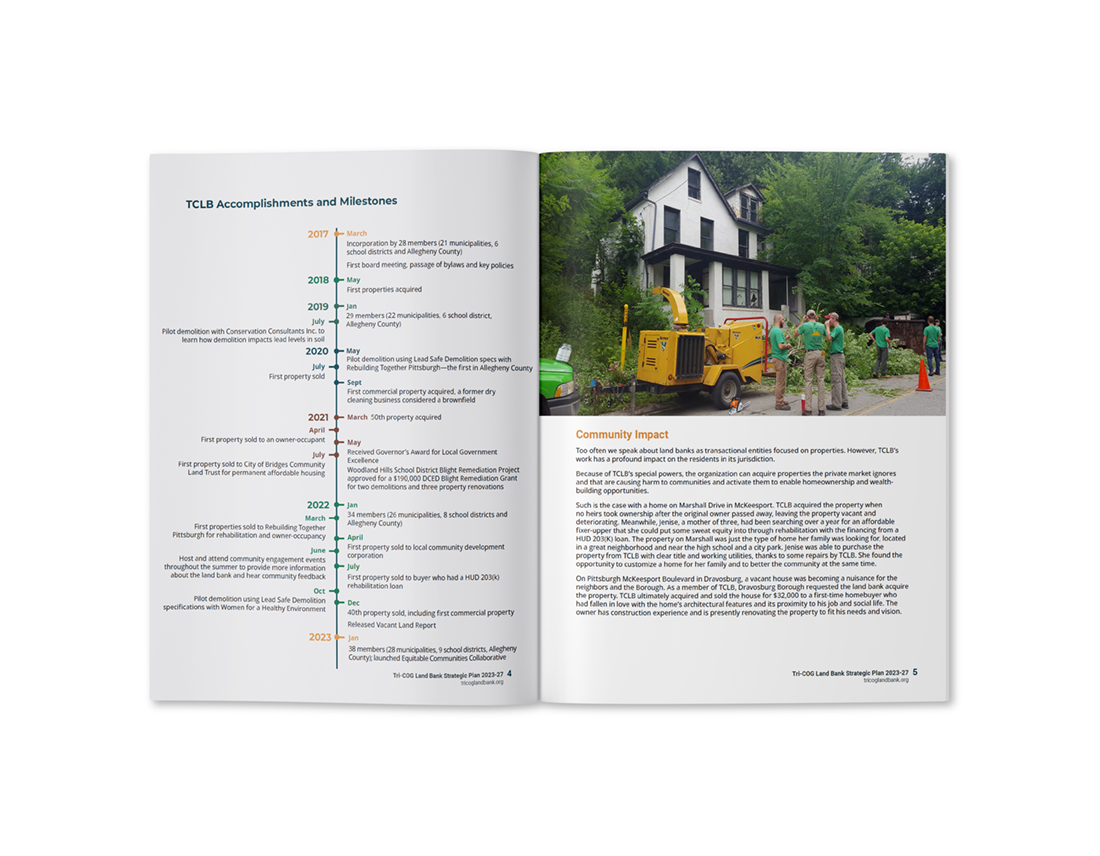 A mockup of a page spread from the Tri-COG land bank strategic plan. The left page illustrates a timeline of the Tri-COG land bank, and right shows a photo of work crews outside of a vacant house, with the heading Community Impact below.