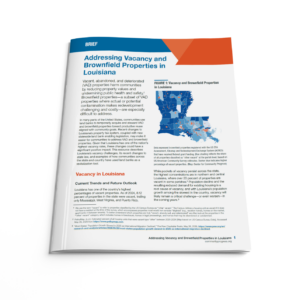 Cover of brief titled 'Addressing Vacancy and Brownfield Properties in Louisiana,' featuring a map of Louisiana parishes shaded by vacancy rate with dots marking registered brownfield properties.
